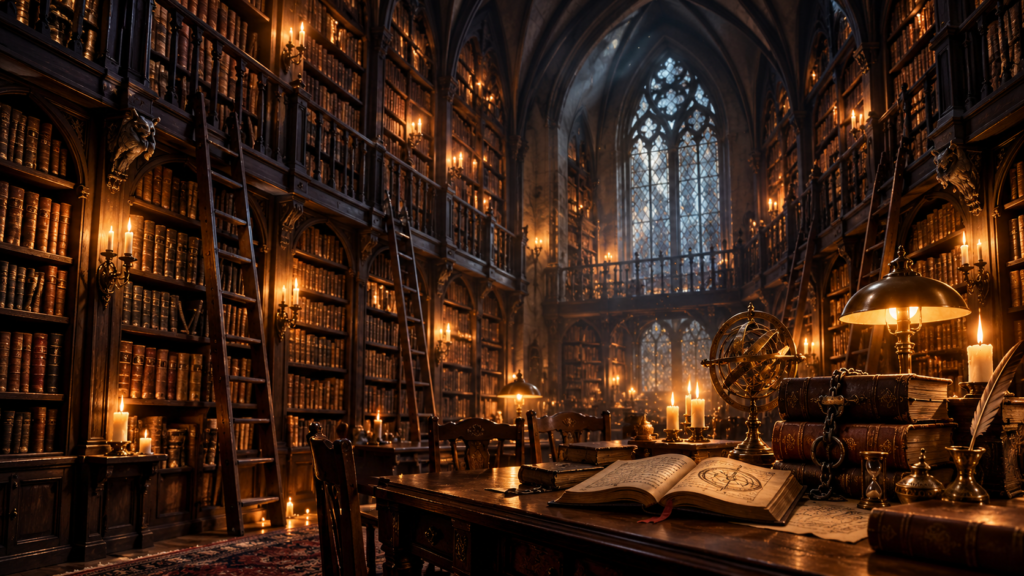 Warm gothic library filled with books and candlelight
