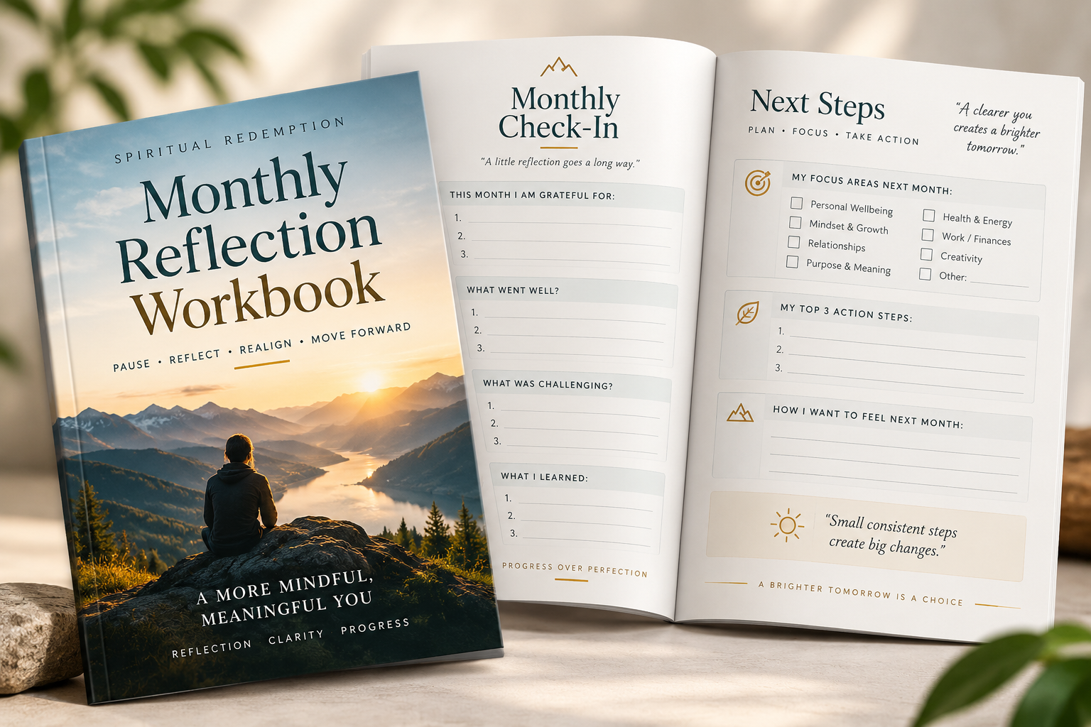 Monthly Reflection Workbook with monthly check-in and next-step planning pages